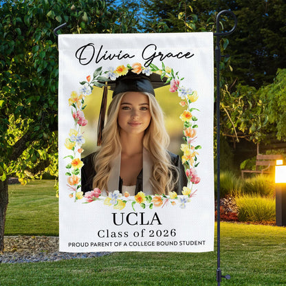 Personalized Graduation Garden Flag with flowers and flags for the Class of 2026.