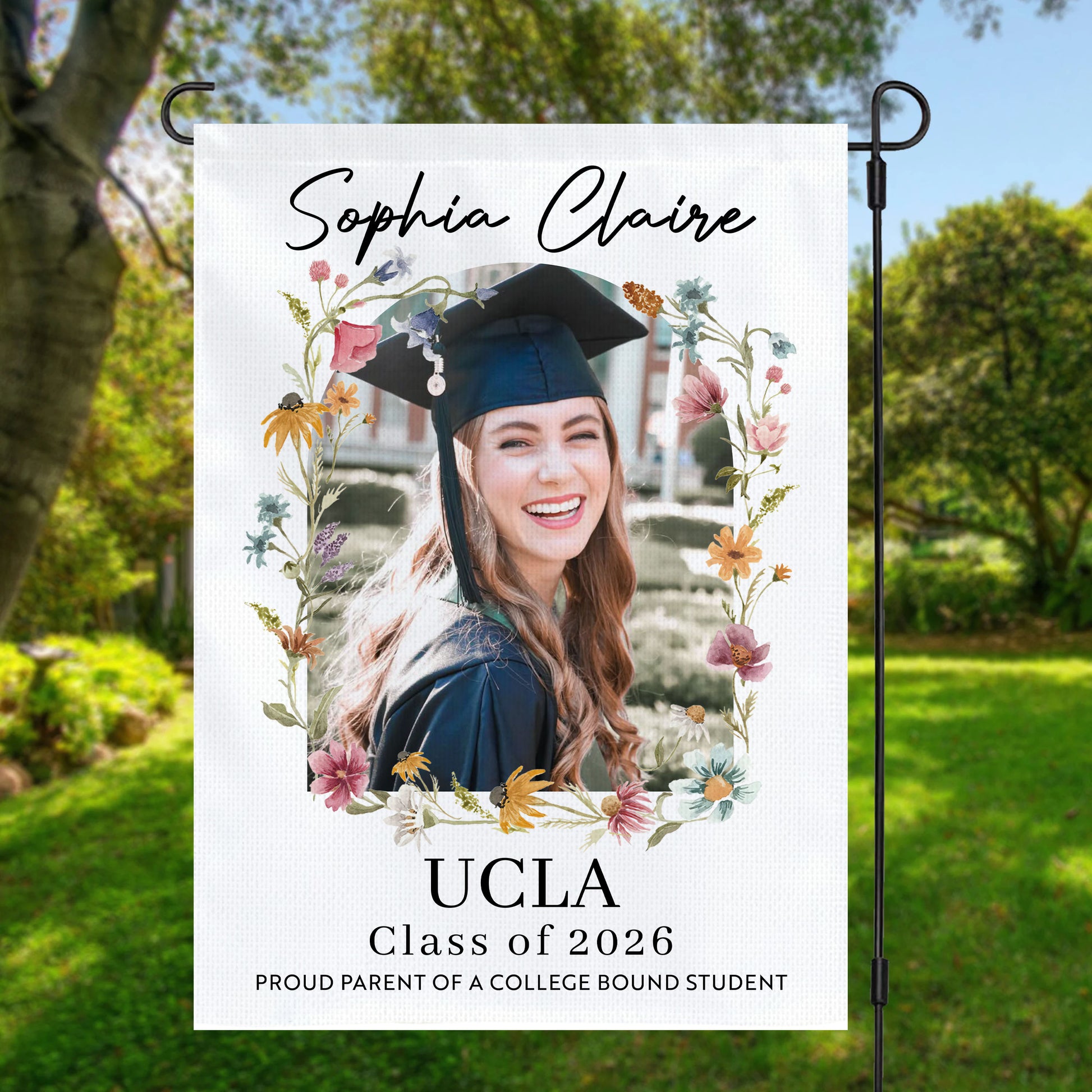 Personalized Graduation Garden Flag with flowers and flags for the Class of 2026.