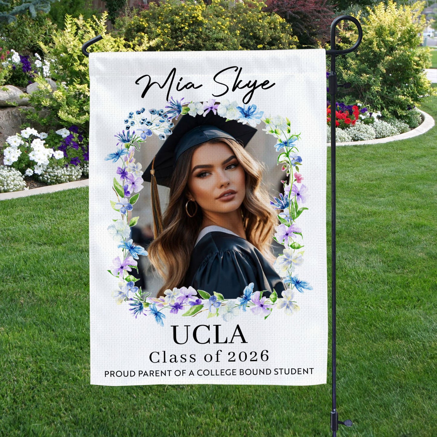 Personalized Graduation Garden Flag with flowers and flags for the Class of 2026.