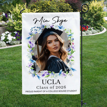 Personalized Graduation Garden Flag with flowers and flags for the Class of 2026.