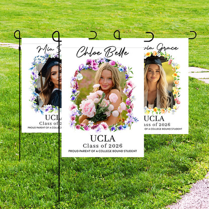 Personalized Graduation Garden Flag with flowers and flags for the Class of 2026.