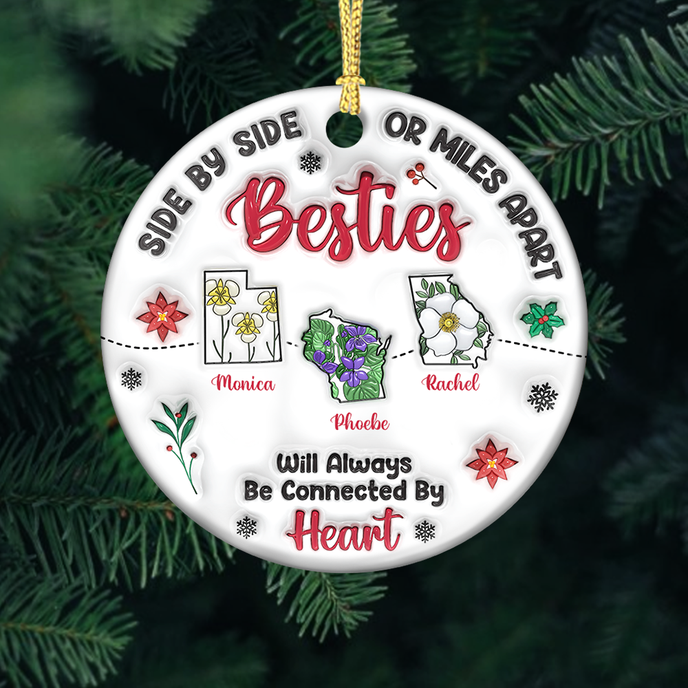 Personalized "Connected by Heart" ceramic ornament, custom Christmas gift for family.