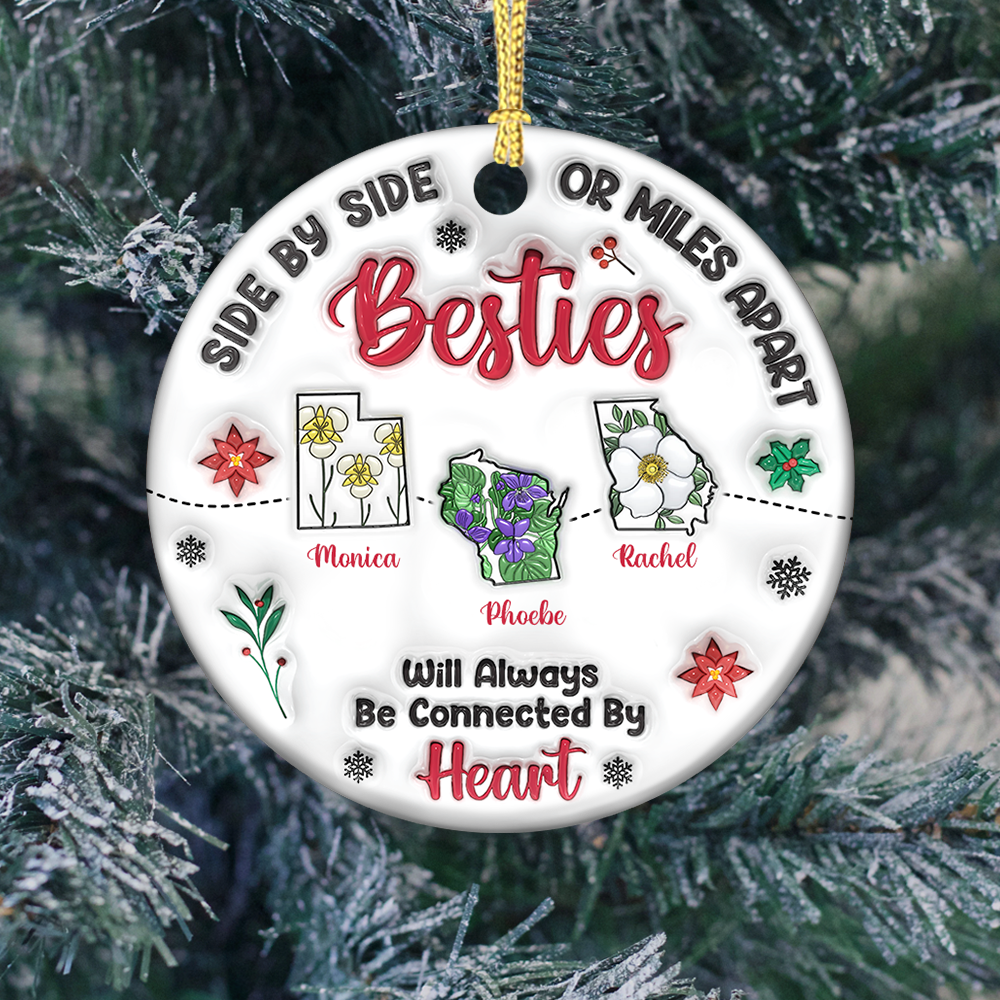 Personalized "Connected by Heart" ceramic ornament, custom Christmas gift for family.