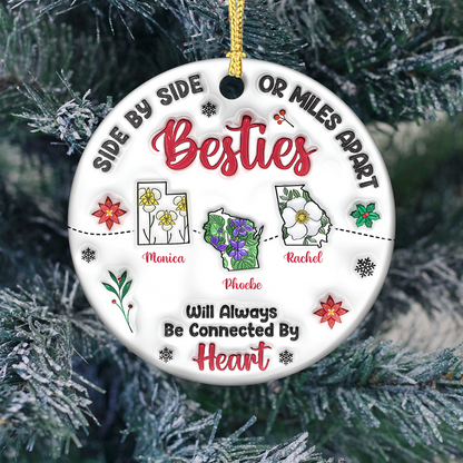 Personalized "Connected by Heart" ceramic ornament, custom Christmas gift for family.