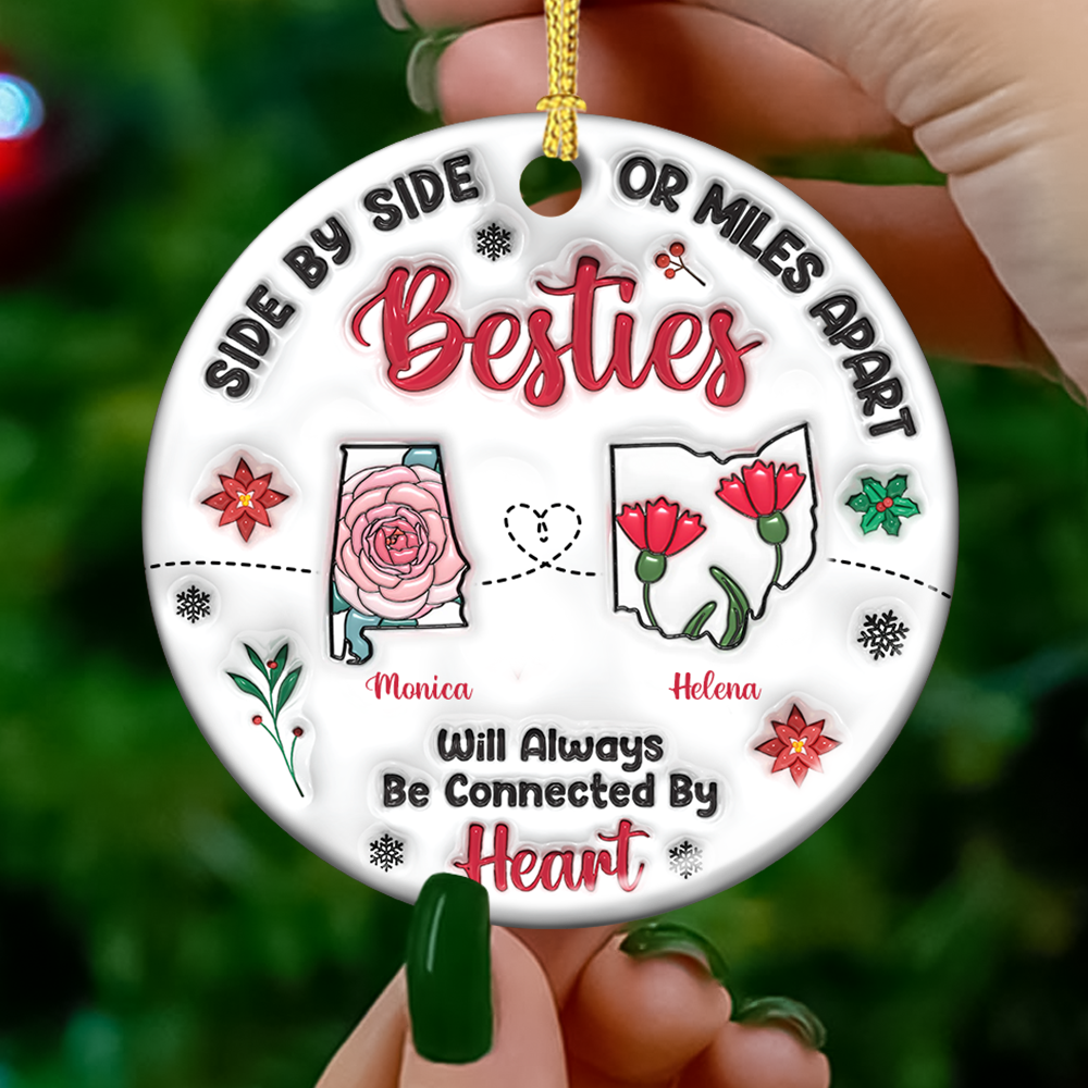 Personalized "Connected by Heart" ceramic ornament, custom Christmas gift for family.