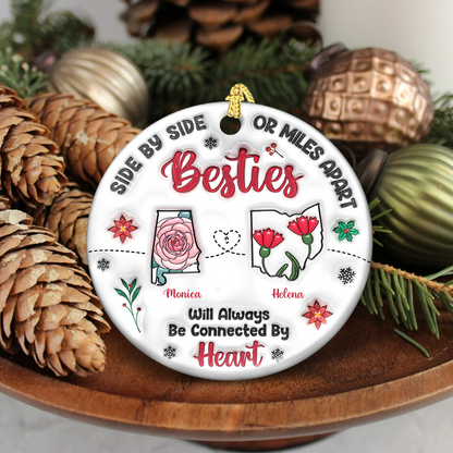 Personalized "Connected by Heart" ceramic ornament, custom Christmas gift for family.