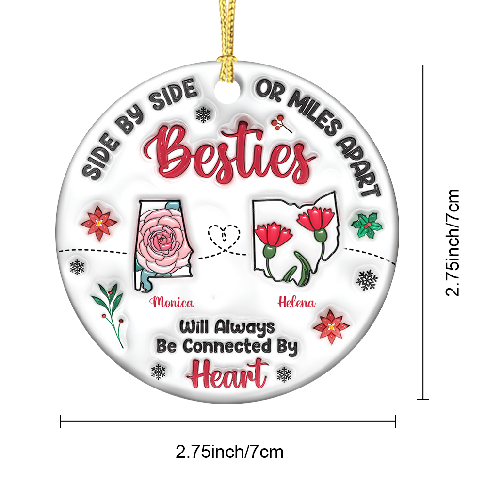 Personalized "Connected by Heart" ceramic ornament, custom Christmas gift for family.