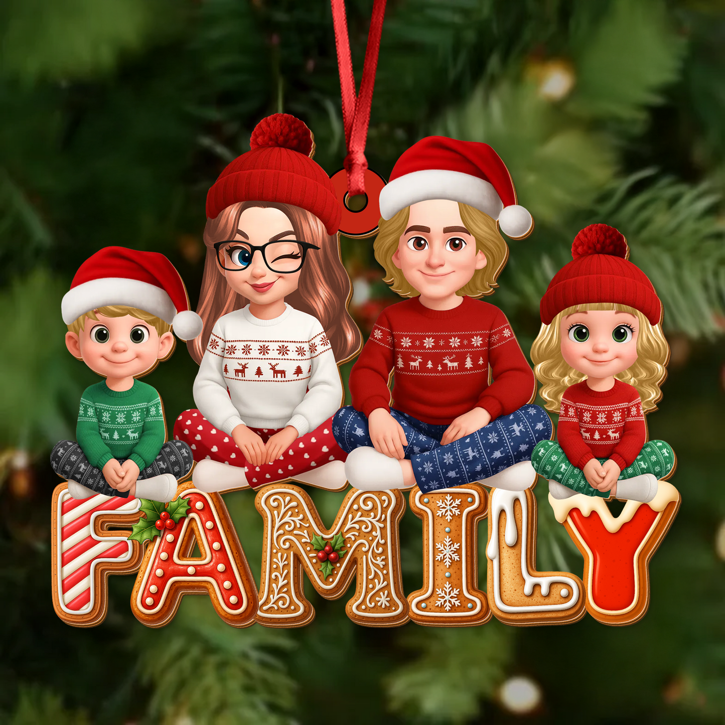 Custom shaped family Christmas cookies ornament made of two-layered wood.