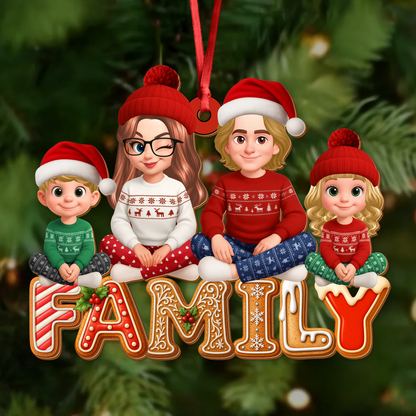 Custom shaped family Christmas cookies ornament made of two-layered wood.