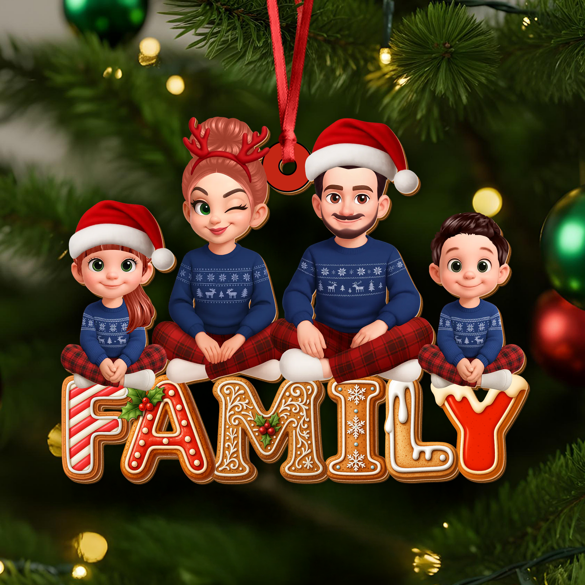 Custom shaped family Christmas cookies ornament made of two-layered wood.