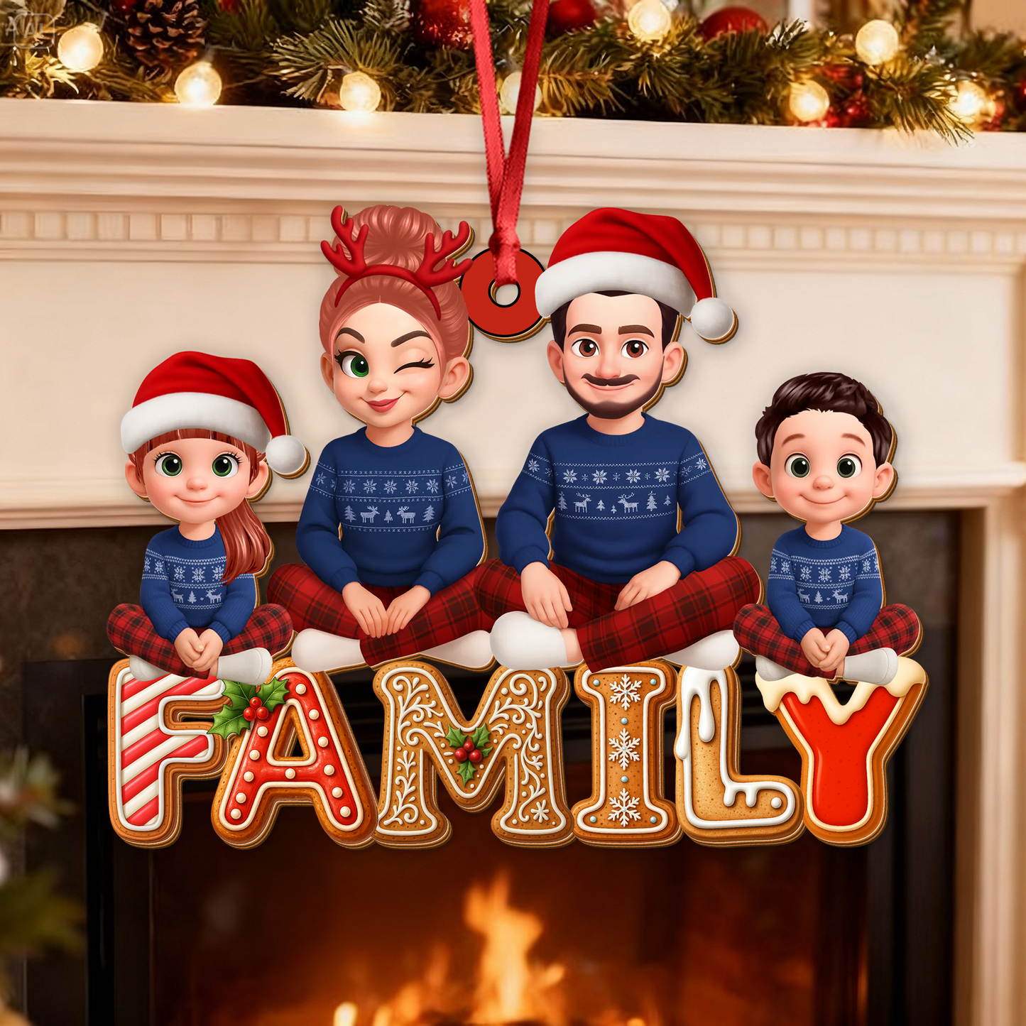 Custom shaped family Christmas cookies ornament made of two-layered wood.