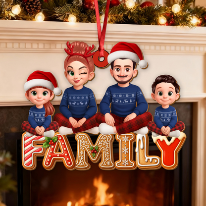 Custom shaped family Christmas cookies ornament made of two-layered wood.
