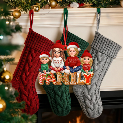 Custom shaped family Christmas cookies ornament made of two-layered wood.
