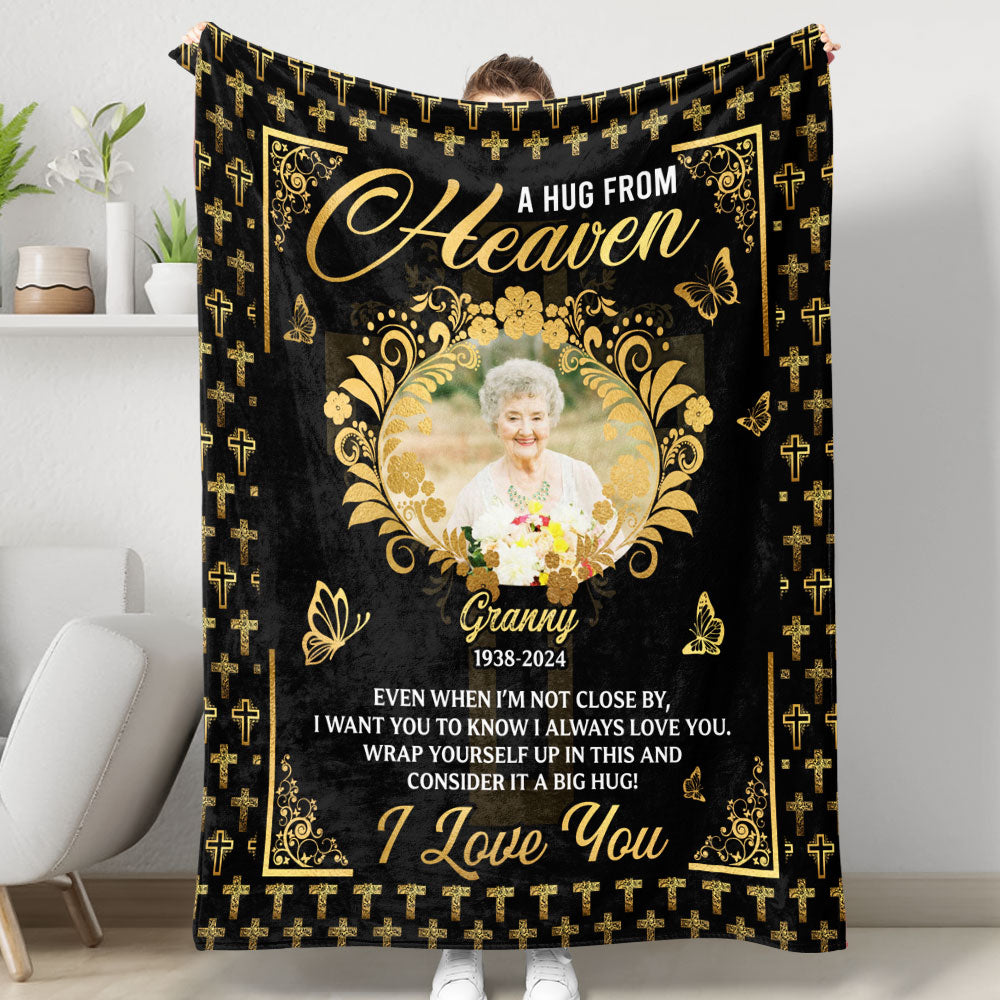 Personalized memorial blanket with cross design; a comforting sympathy gift.