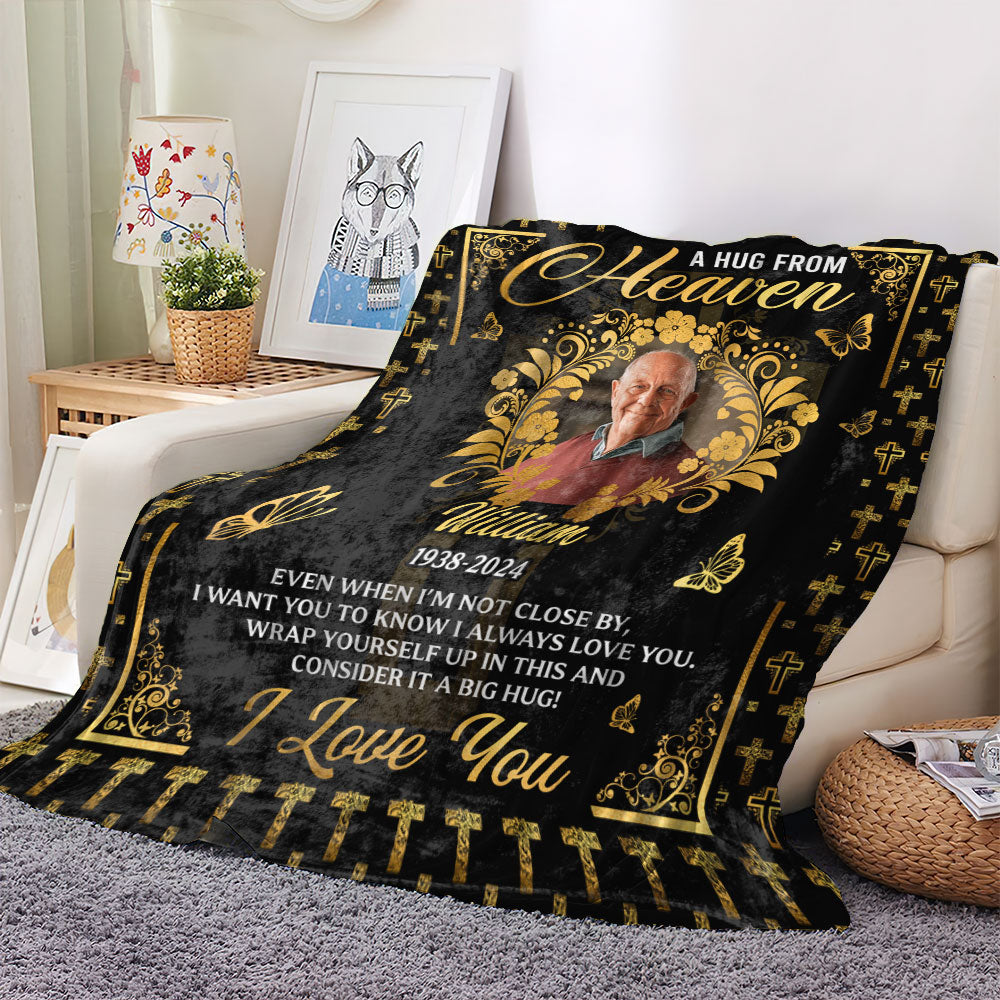 Personalized memorial blanket with cross design; a comforting sympathy gift.
