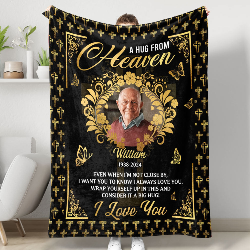 Personalized memorial blanket with cross design; a comforting sympathy gift.