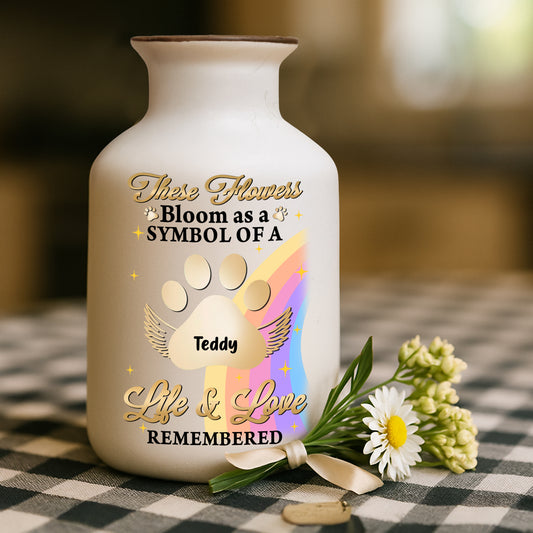 Crossed the Rainbow Bridge memorial vase, elegant white ceramic pet loss gift.