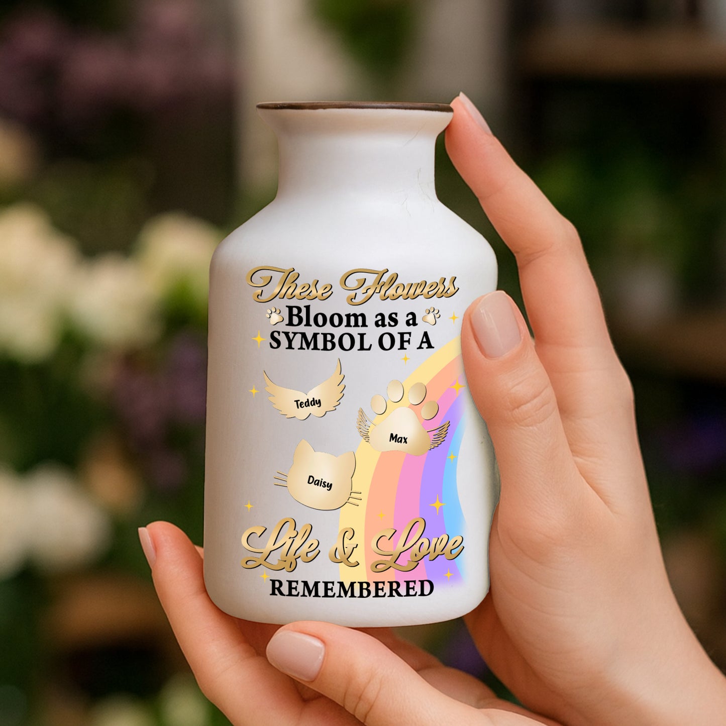 Crossed the Rainbow Bridge memorial vase, elegant white ceramic pet loss gift.