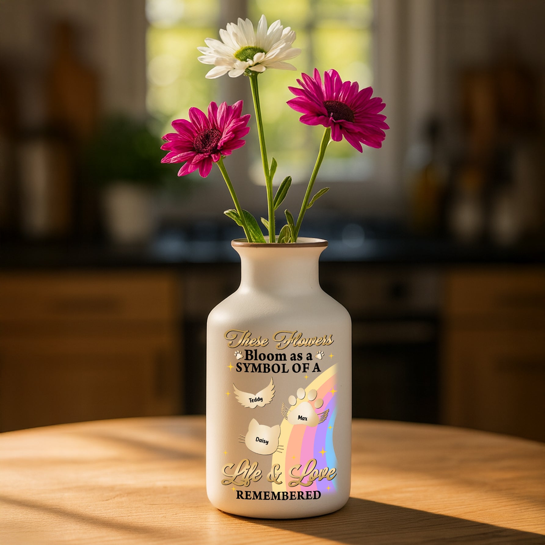 Crossed the Rainbow Bridge memorial vase, elegant white ceramic pet loss gift.