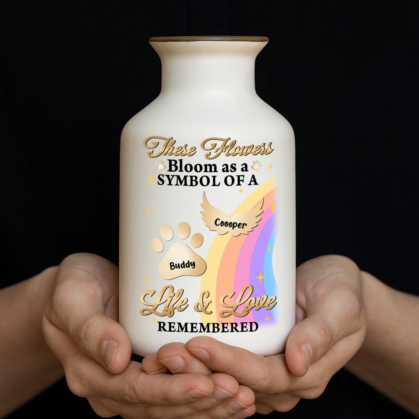 Crossed the Rainbow Bridge memorial vase, elegant white ceramic pet loss gift.
