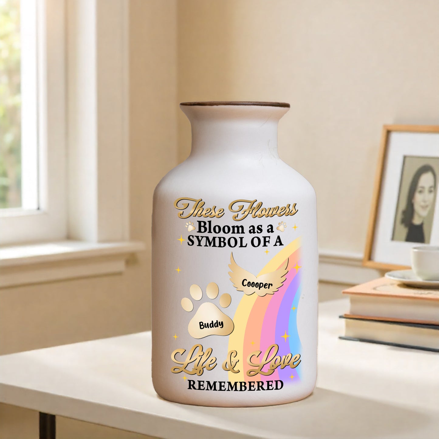 Crossed the Rainbow Bridge memorial vase, elegant white ceramic pet loss gift.