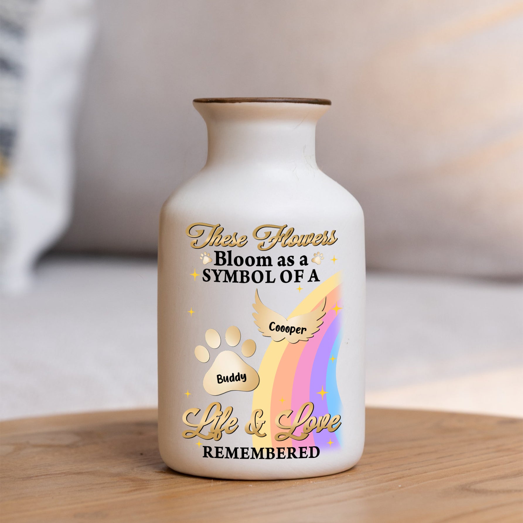 Crossed the Rainbow Bridge memorial vase, elegant white ceramic pet loss gift.