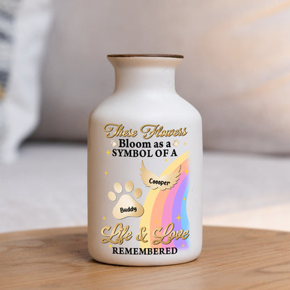 Crossed the Rainbow Bridge memorial vase, elegant white ceramic pet loss gift.