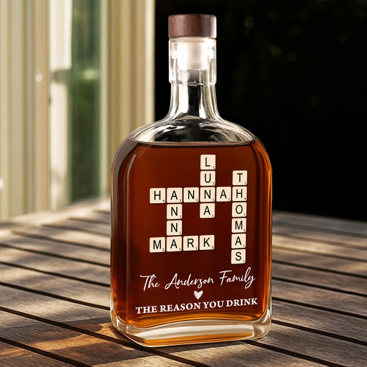 Personalized family crossword puzzle art on a custom engraved whiskey bottle.