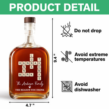 Personalized family crossword puzzle art on a custom engraved whiskey bottle.