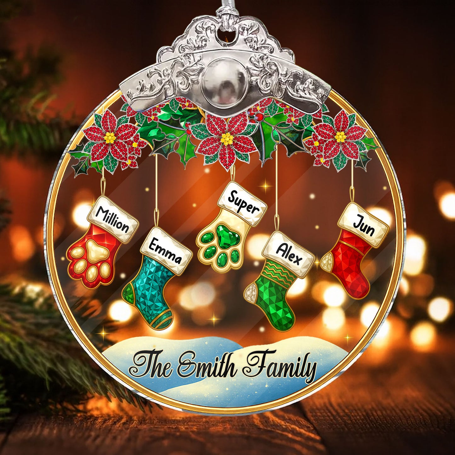Personalized crystal family ornament with silver and gold cap. A beautiful, custom glass ornament for the holidays.
