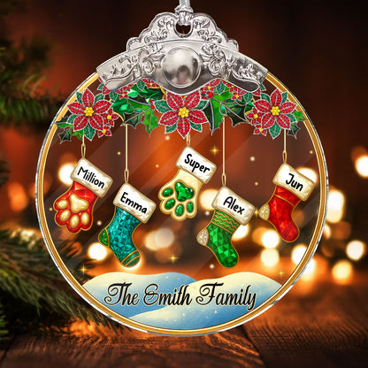 Personalized crystal family ornament with silver and gold cap. A beautiful, custom glass ornament for the holidays.