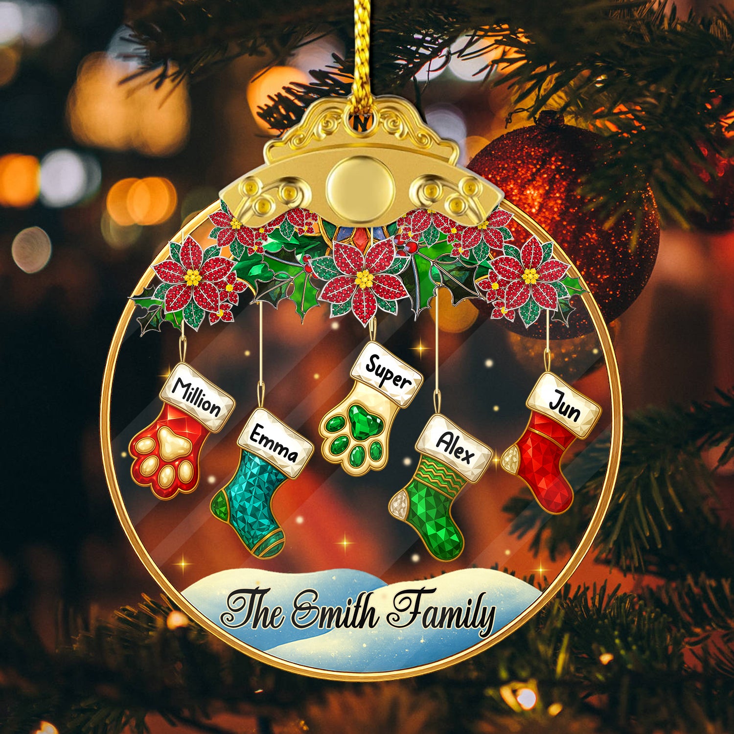 Personalized crystal family ornament with silver and gold cap. A beautiful, custom glass ornament for the holidays.