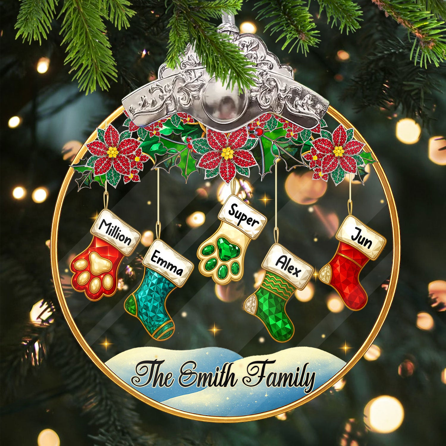 Personalized crystal family ornament with silver and gold cap. A beautiful, custom glass ornament for the holidays.