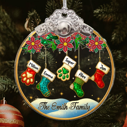 Personalized crystal family ornament with silver and gold cap. A beautiful, custom glass ornament for the holidays.