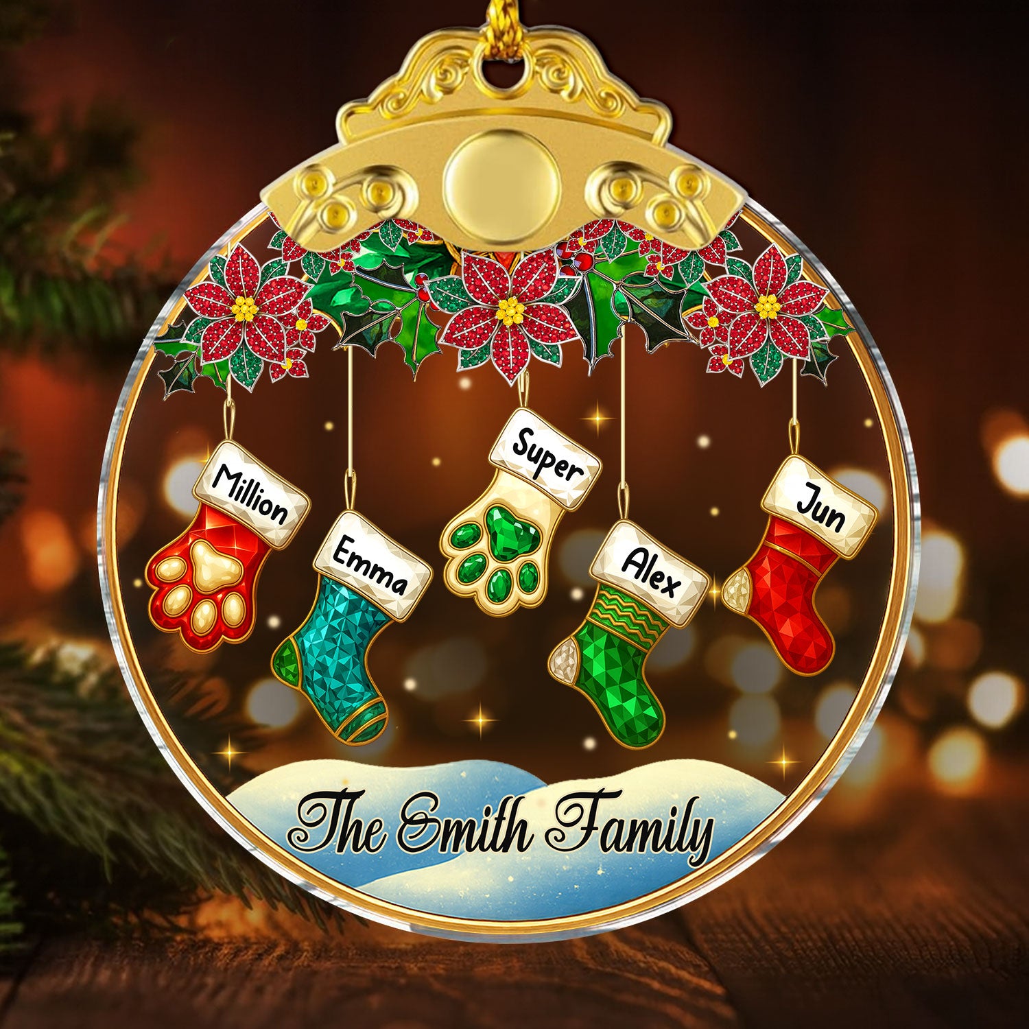 Personalized crystal family ornament with silver and gold cap. A beautiful, custom glass ornament for the holidays.