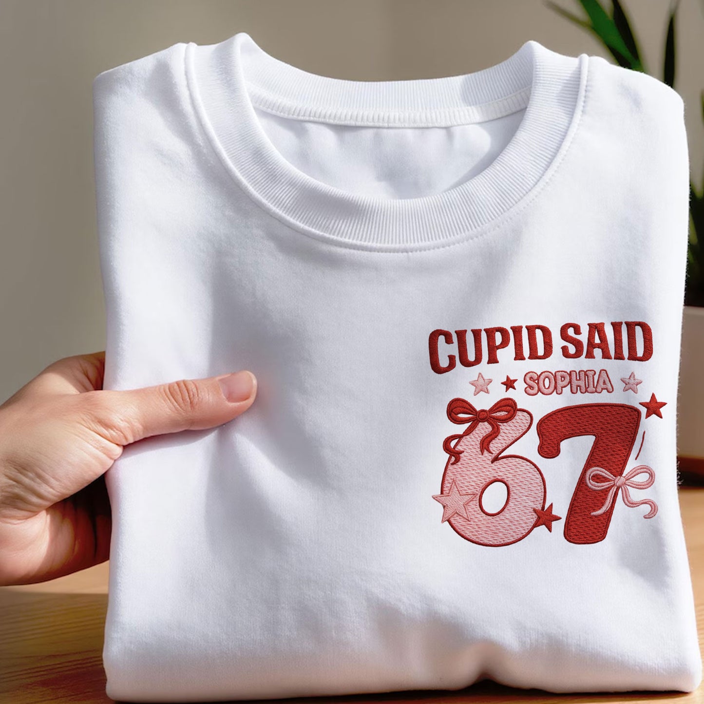 "Cupid Said 67" embroidered crewneck sweatshirt, perfect Valentine's Day gift.