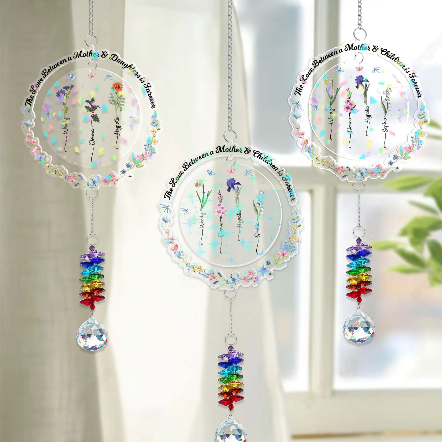 Custom birth flower ornament with crystal charm, a personalized gift.