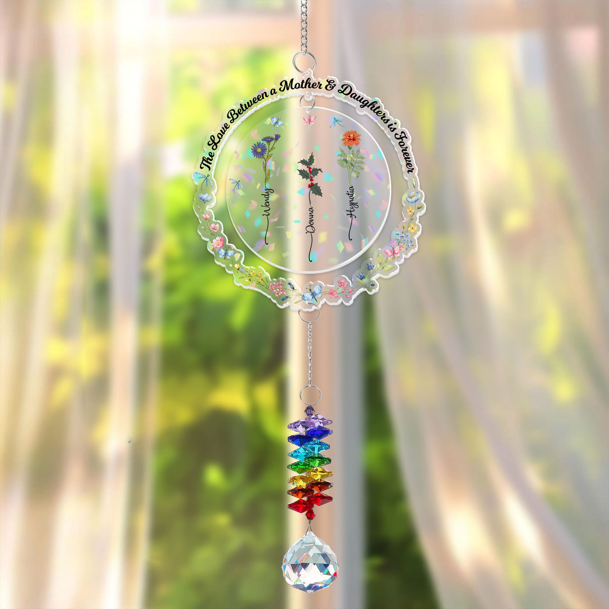 Custom birth flower ornament with crystal charm, a personalized gift.