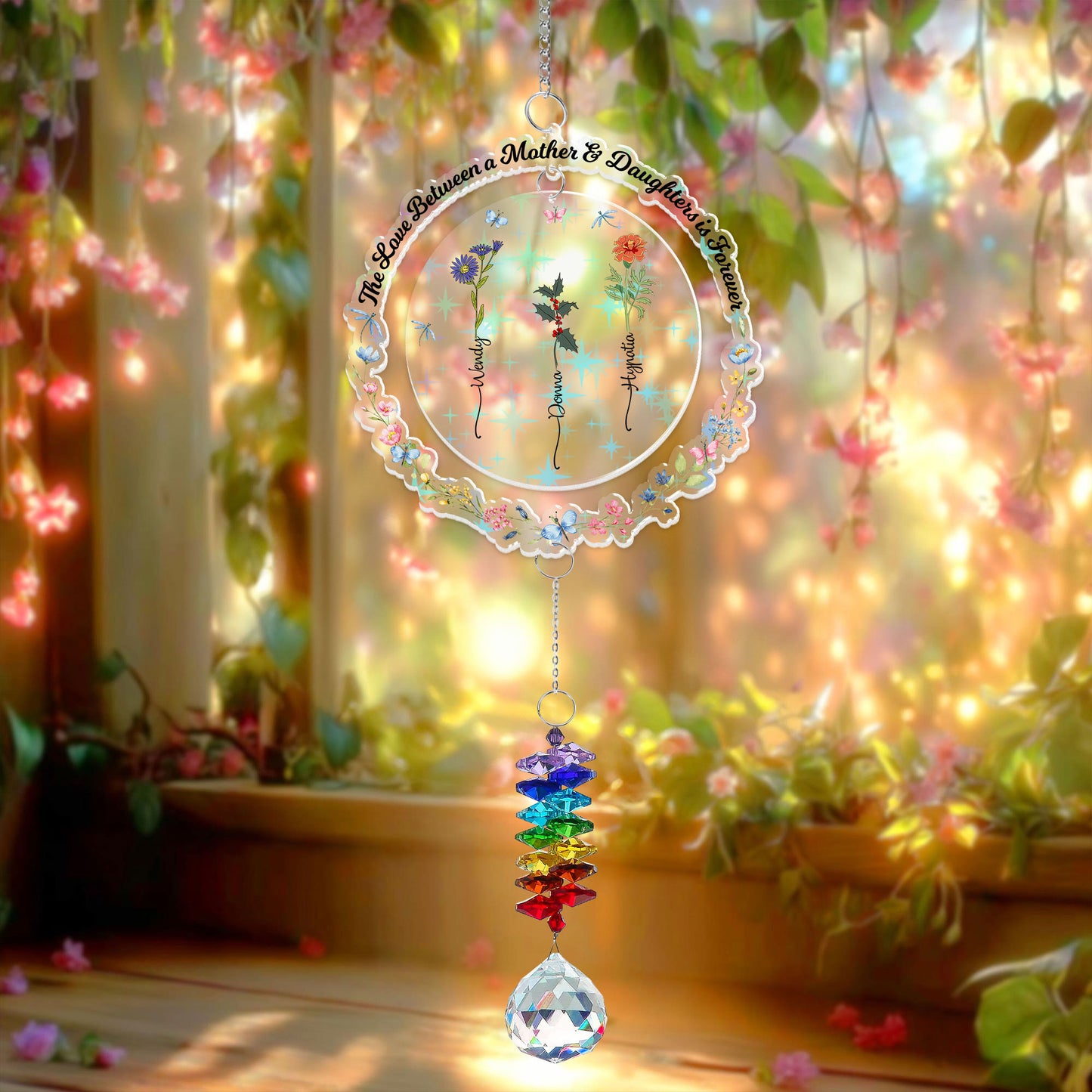 Custom birth flower ornament with crystal charm, a personalized gift.