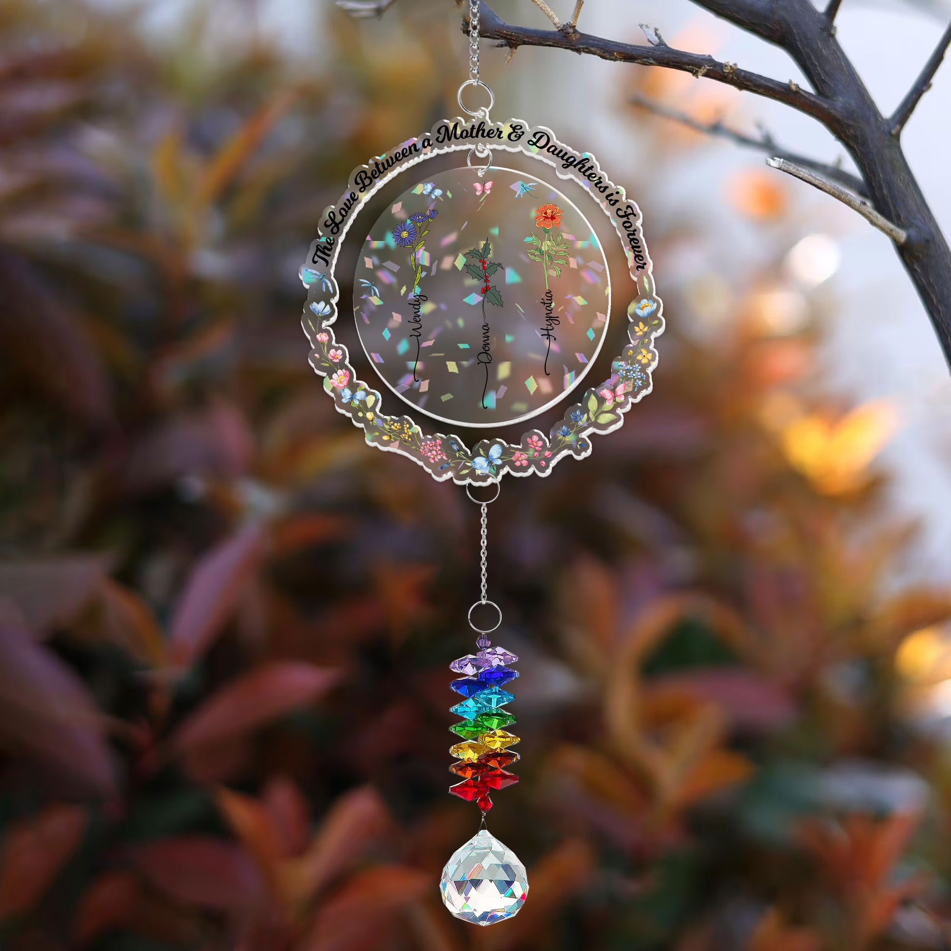 Custom birth flower ornament with crystal charm, a personalized gift.