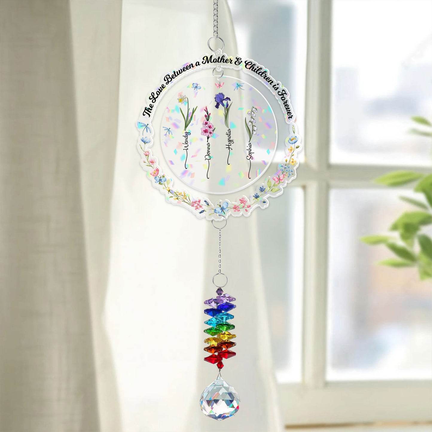 Custom birth flower ornament with crystal charm, a personalized gift.
