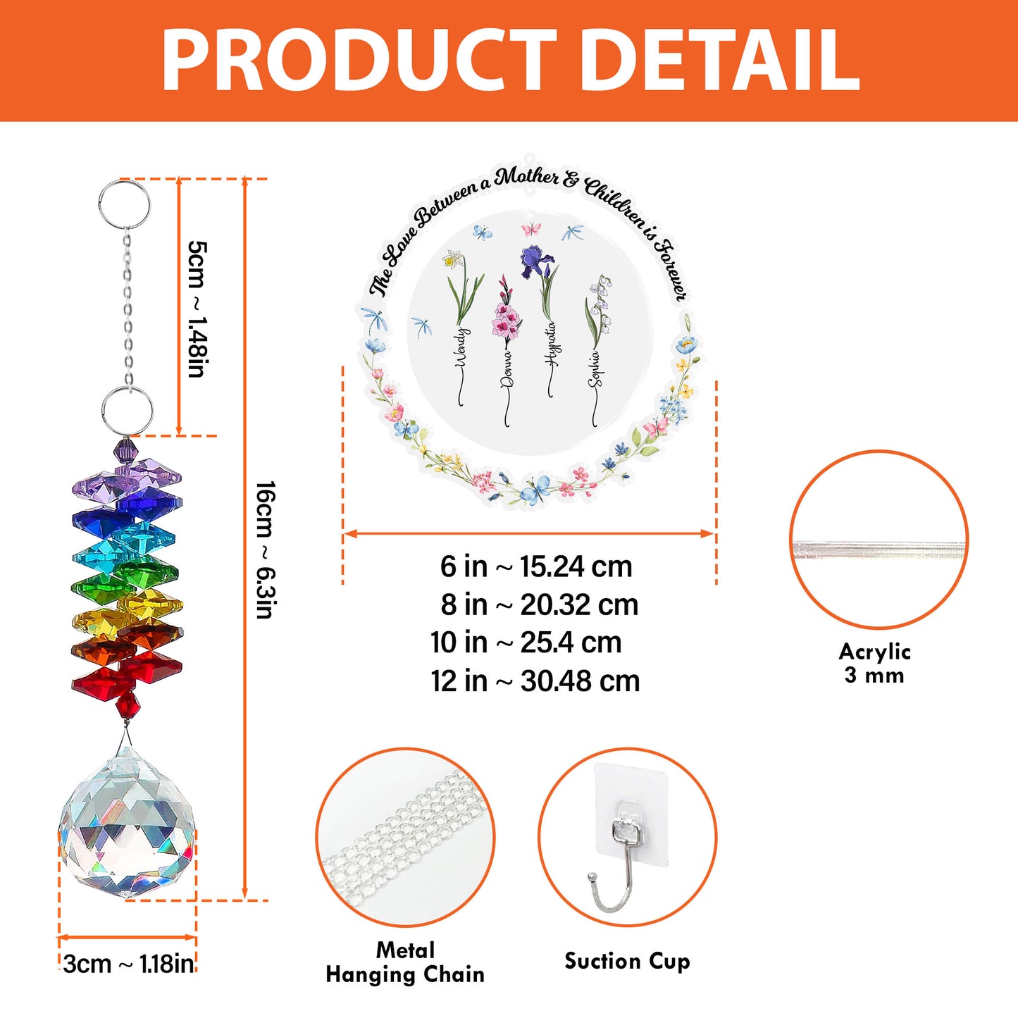 Custom birth flower ornament with crystal charm, a personalized gift.