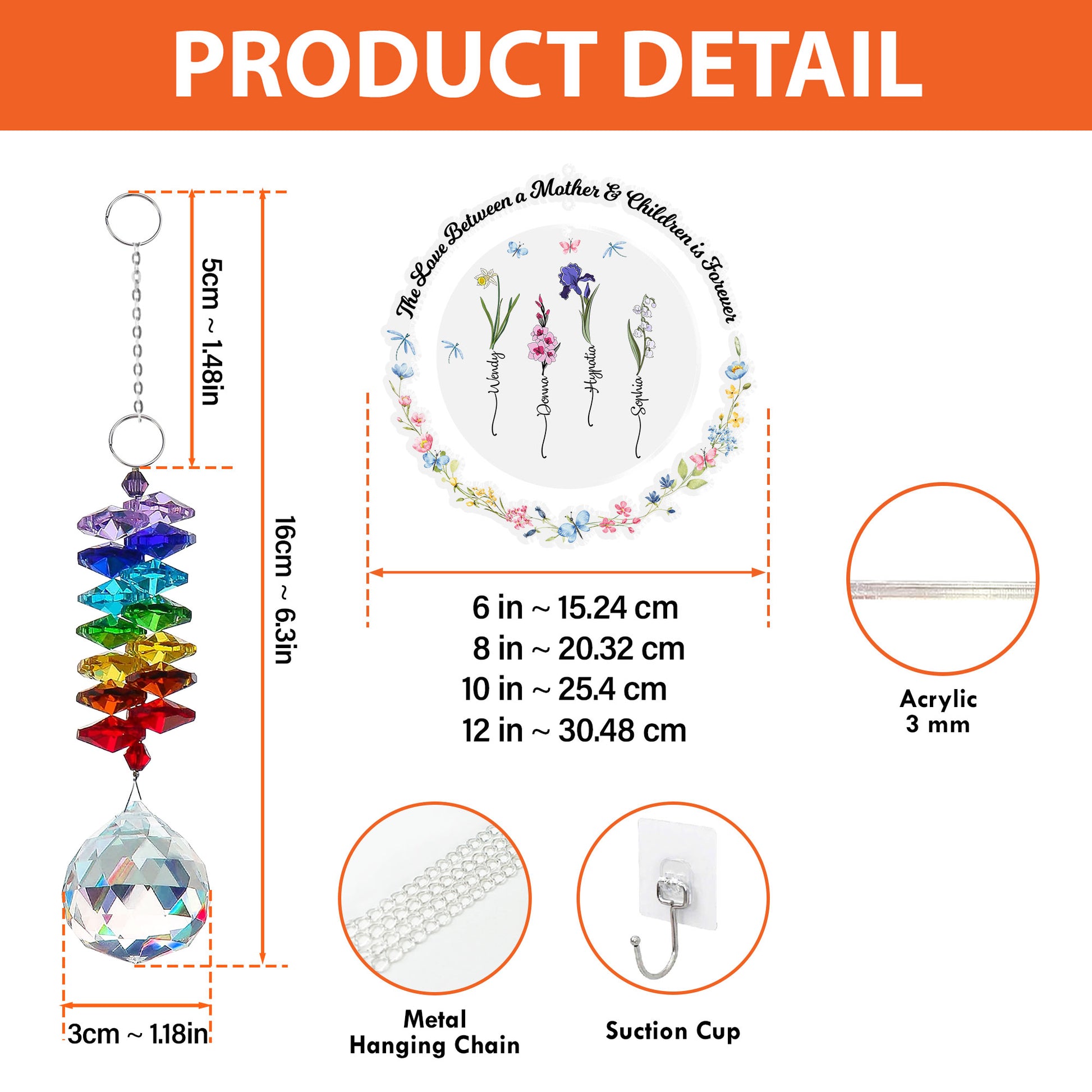 Custom birth flower ornament with crystal charm, a personalized gift.
