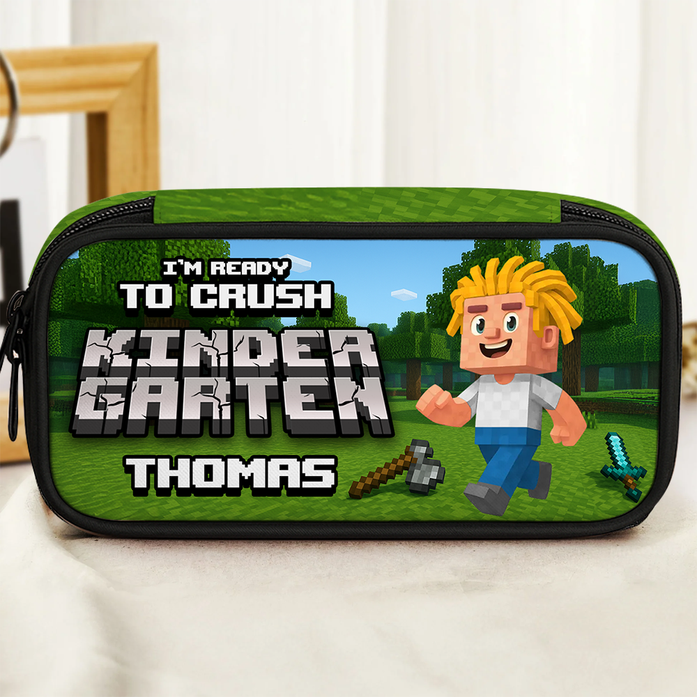 Personalized Blocky Kid Pencil Case - Customizable pencil box with fun, block-style character.