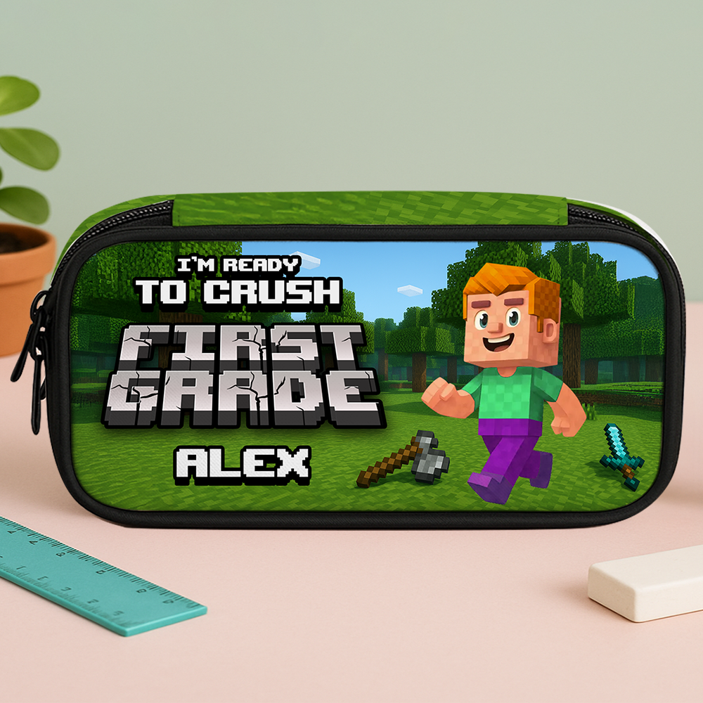 Personalized Blocky Kid Pencil Case - Customizable pencil box with fun, block-style character.