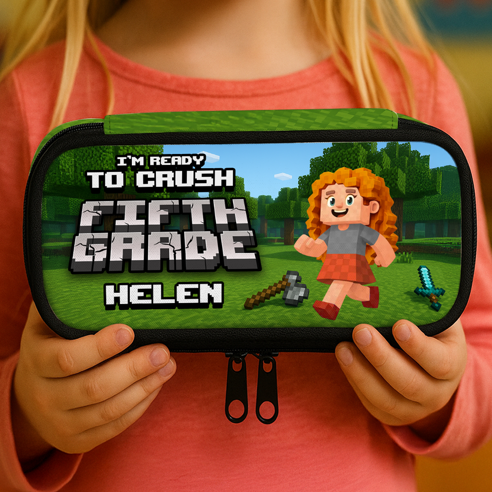 Personalized Blocky Kid Pencil Case - Customizable pencil box with fun, block-style character.
