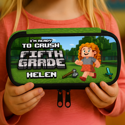 Personalized Blocky Kid Pencil Case - Customizable pencil box with fun, block-style character.