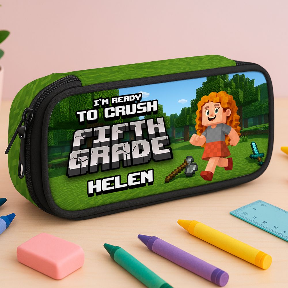 Personalized Blocky Kid Pencil Case - Customizable pencil box with fun, block-style character.