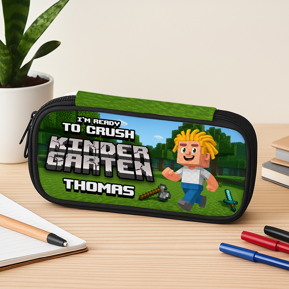 Personalized Blocky Kid Pencil Case - Customizable pencil box with fun, block-style character.