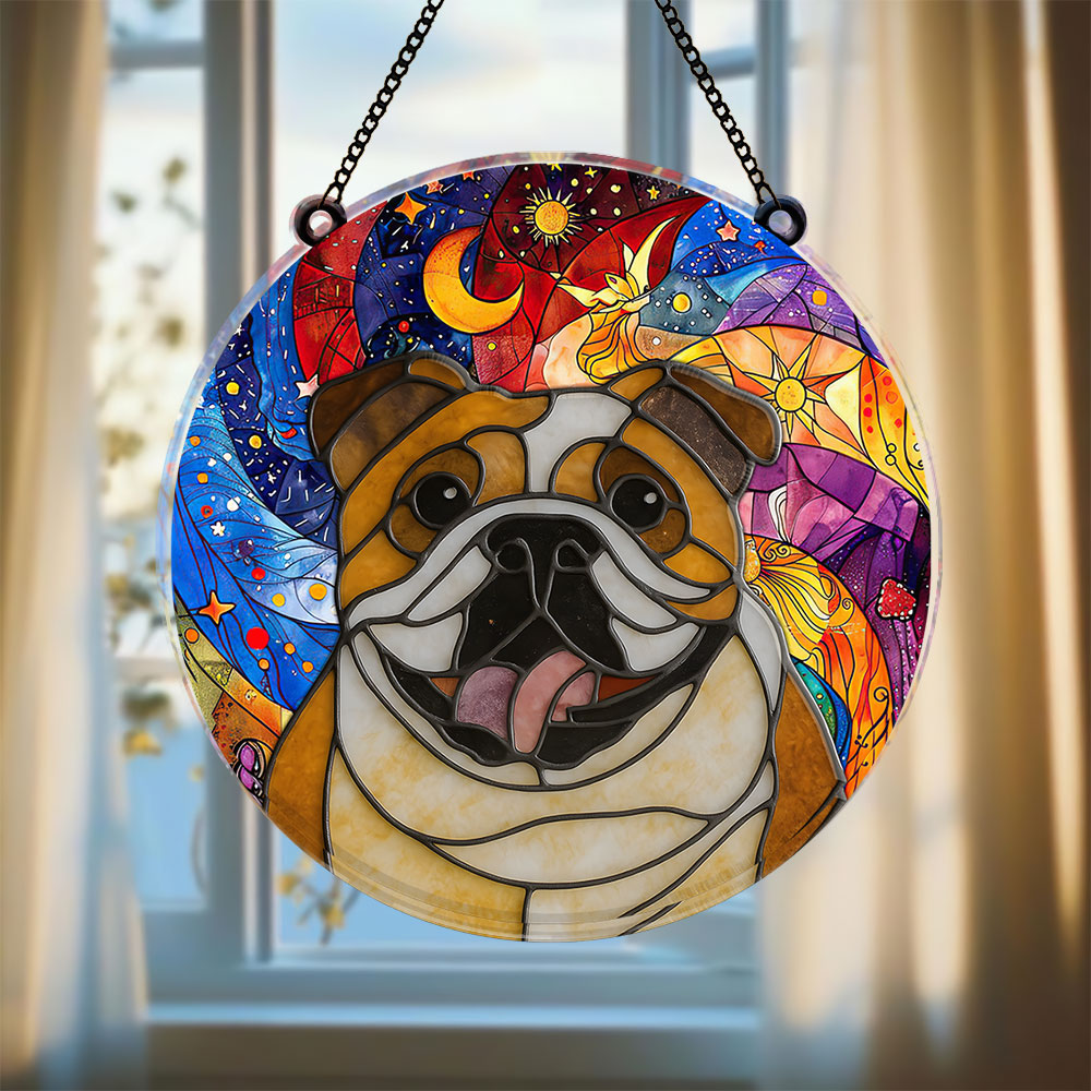 Custom dog portrait stained glass suncatcher, a personalized pet memorial window hanging.